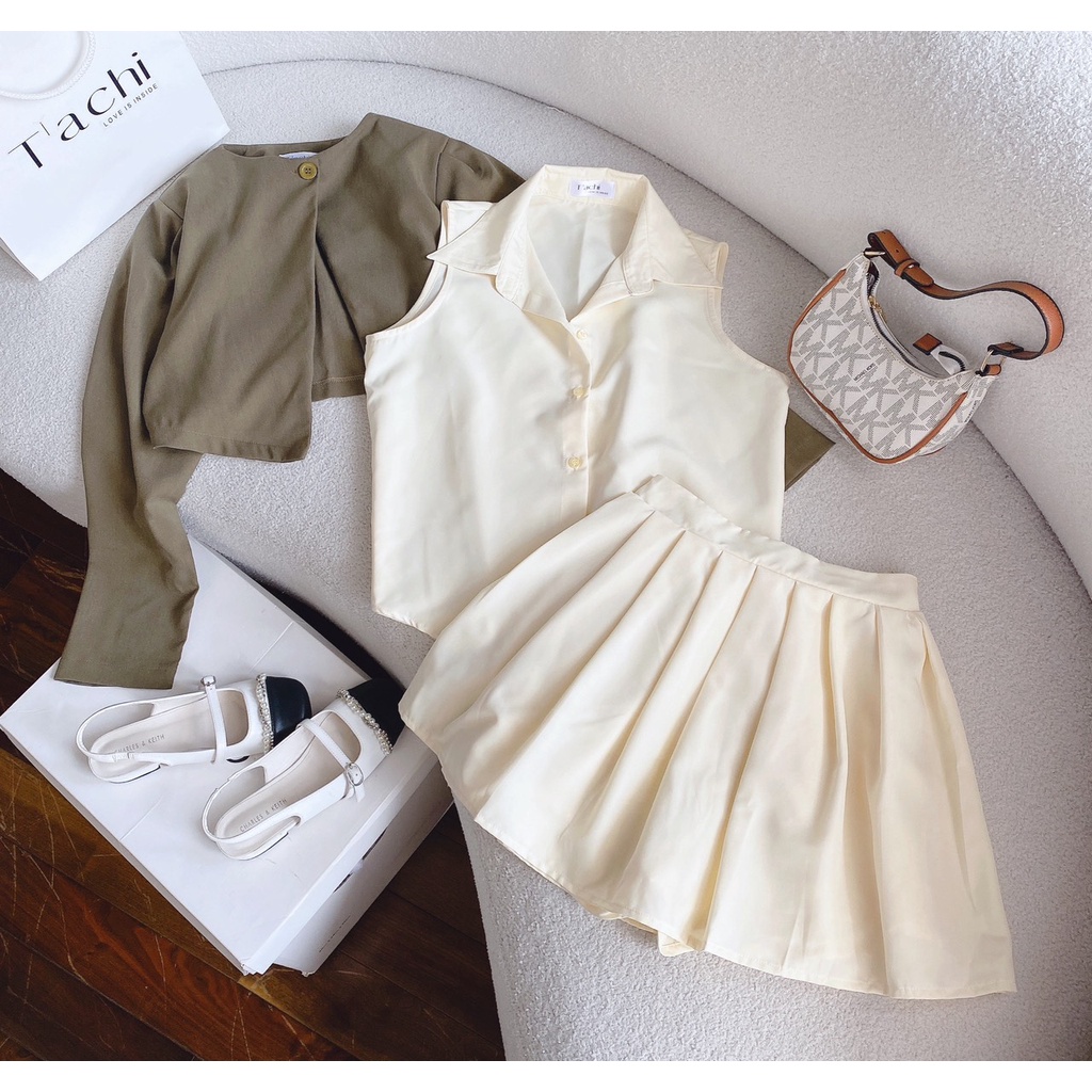 Set 3 món khoác croptop rêu +sơmi sát nách +chân váy xếp ly kem
