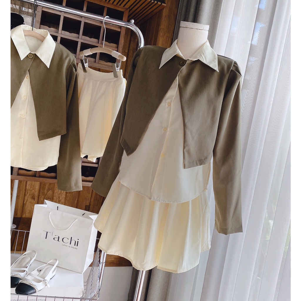 Set 3 món khoác croptop rêu +sơmi sát nách +chân váy xếp ly kem