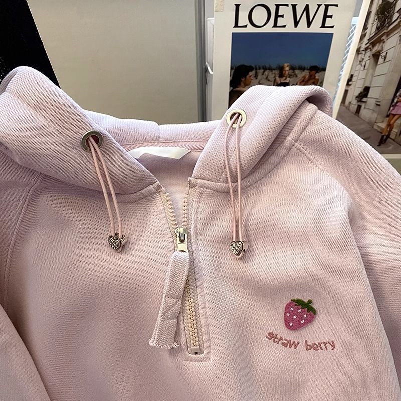 Áo hoodie Thêu Hình Dâu Tây Màu Hồng Ngọt Ngào Thời Trang Mùa Thu Mới Cho Nữ