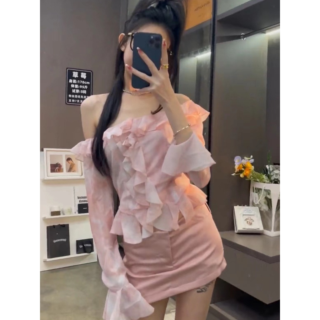 Set Áo Trễ Vai Tay Loe Dài Phối Bèo + Chân Váy Lưng Cao Thời Trang Cho Nữ