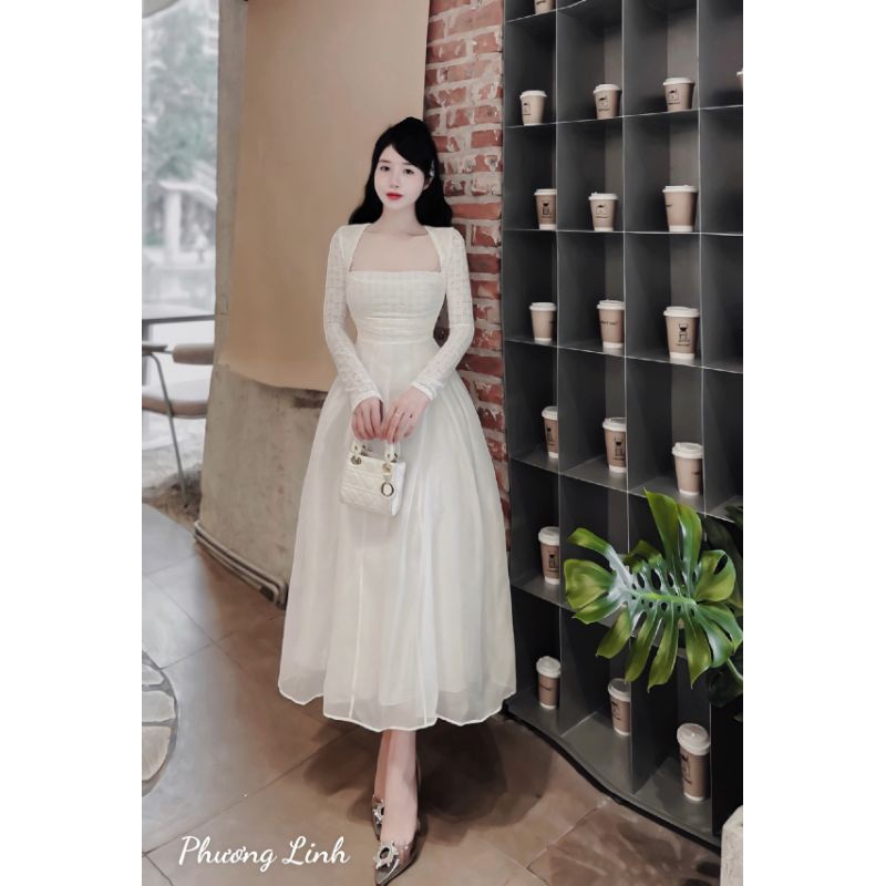 Đầm xoè cổ vuông dáng dài sang chảnh