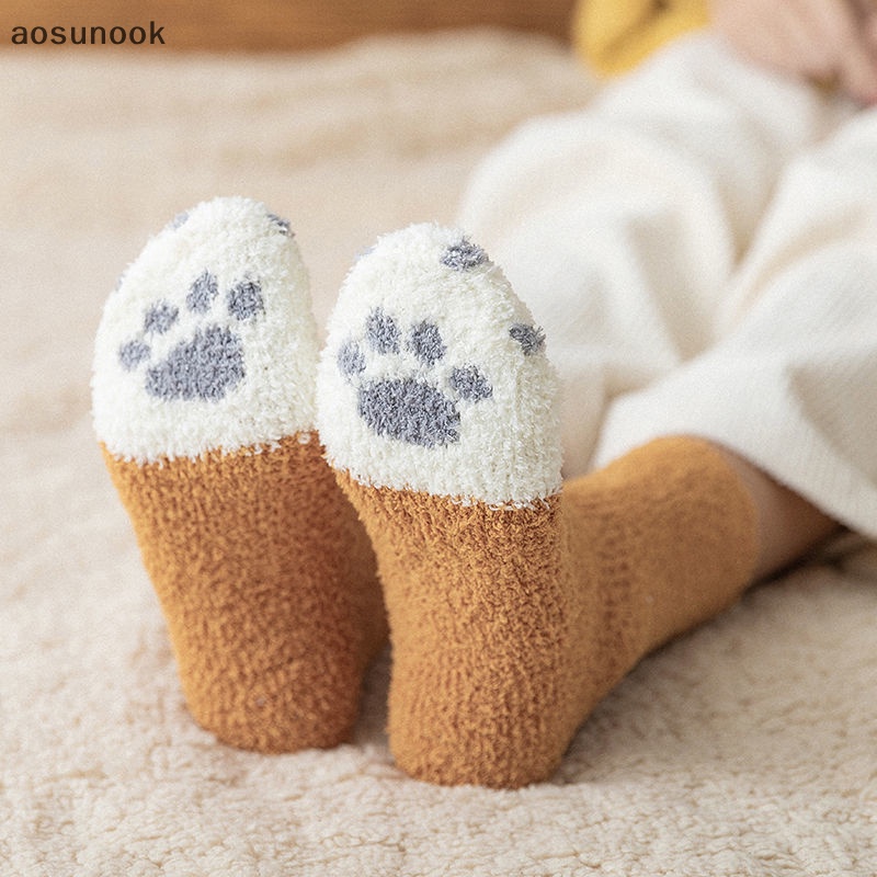 Aosunook Vớ Lông Cừu Dày Ấm Áp Họa Tiết Dấu Chân Chó Mèo 3d Dễ Thương Vui Nhộn Dành Cho Bạn Nữ Mặc Ở Nhà