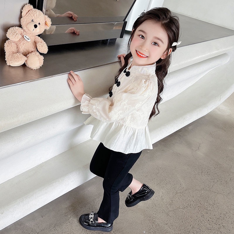Set Áo Quần Ống Loe Thêu Họa Tiết Phong Cách Trung Hoa Mới Cho Bé Gái