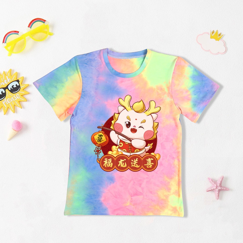 2024 Năm Rồng CNY Họ Phù Hợp Với Dây Buộc Nhuộm Áo Thun Thời Trang Mùa Hè Hoạt Hình Tee Tie Dye Áo Họ Nhìn Năm Mới Tay Ngắn Top