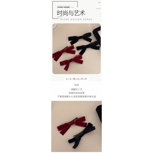 Cặp Kẹp Tóc Nơ Đen / Đỏ Hai Mái Bằng Nhung Nhám Phong Cách Dành Cho Bạn Gái