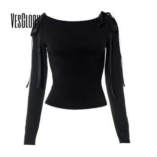 Áo croptop trễ vai VESGLORY tay dài màu trơn dáng ôm thời trang 2023 cho nữ