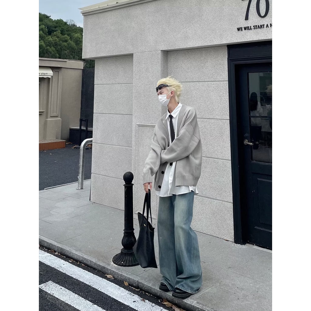 Áo Khoác Cardigan Len Trơn Dáng Rộng Phong Cách Thời Trang Harajuku Nhật Bản Cho Nam Giới Áo Cổ Lọ Nam Áo ThờI Trang Nam Áo Len Form Rộng Áo Len Nam Hàn Quốc Áo Len Xám Áo Len Vintage Áo Len Trơn
