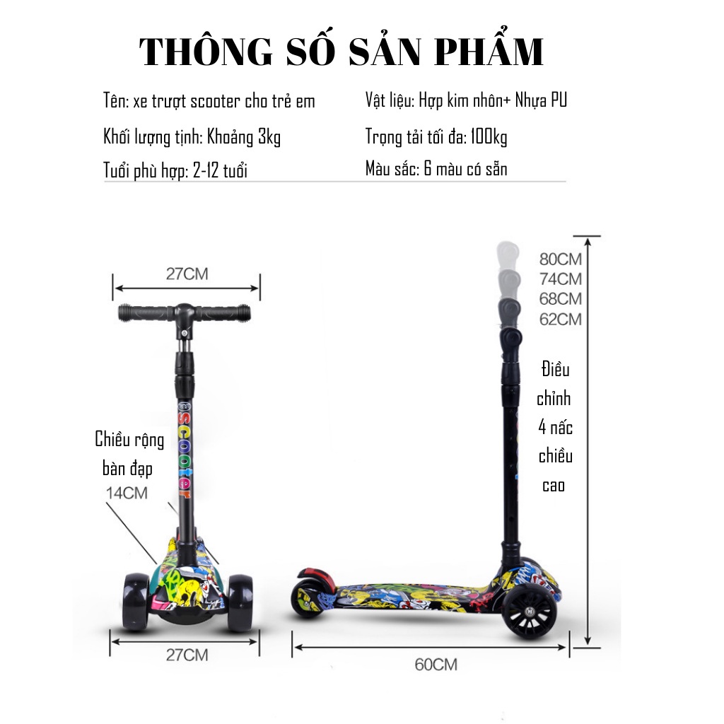 Xe Scooter cho bé trượt Graffiti BILA KIDS Có Nhạc Có Đèn, Gấp gọn thông minh bánh