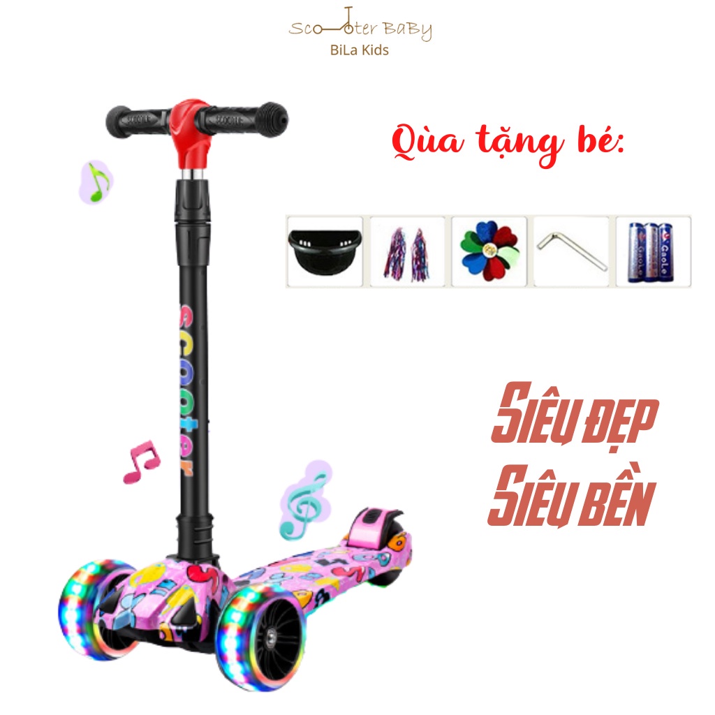 Xe Scooter cho bé trượt Graffiti BILA KIDS Có Nhạc Có Đèn, Gấp gọn thông minh bánh