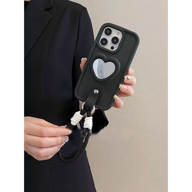Ôp Điện Thoại Silicon Dẻo Màu Đen Kèm Gương & Dây Đeo & Dây Đeo Cho iphone 15 14 11 12 13 pro max x xr xsmax 7 8 plus Ốp