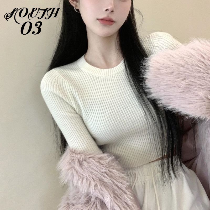 Áo sweater Cổ Tròn Màu Sắc Đơn Giản Cho Nữ Áo Croptop Áo Len