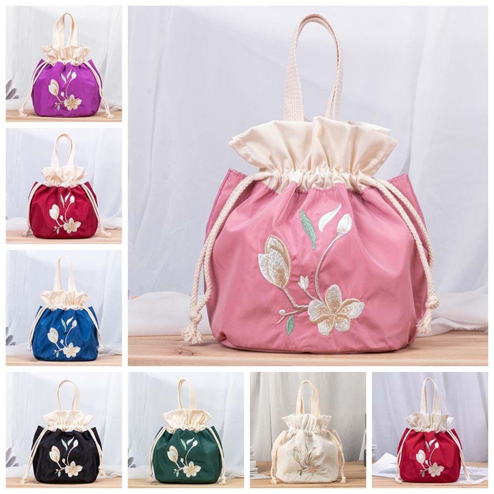 Shanhai Túi Xách Vải Lụa satin Dây Rút Thêu Hoa Phong Cách hanfu Hàn Quốc Thanh Lịch Cho Mẹ Bỉm Sữa