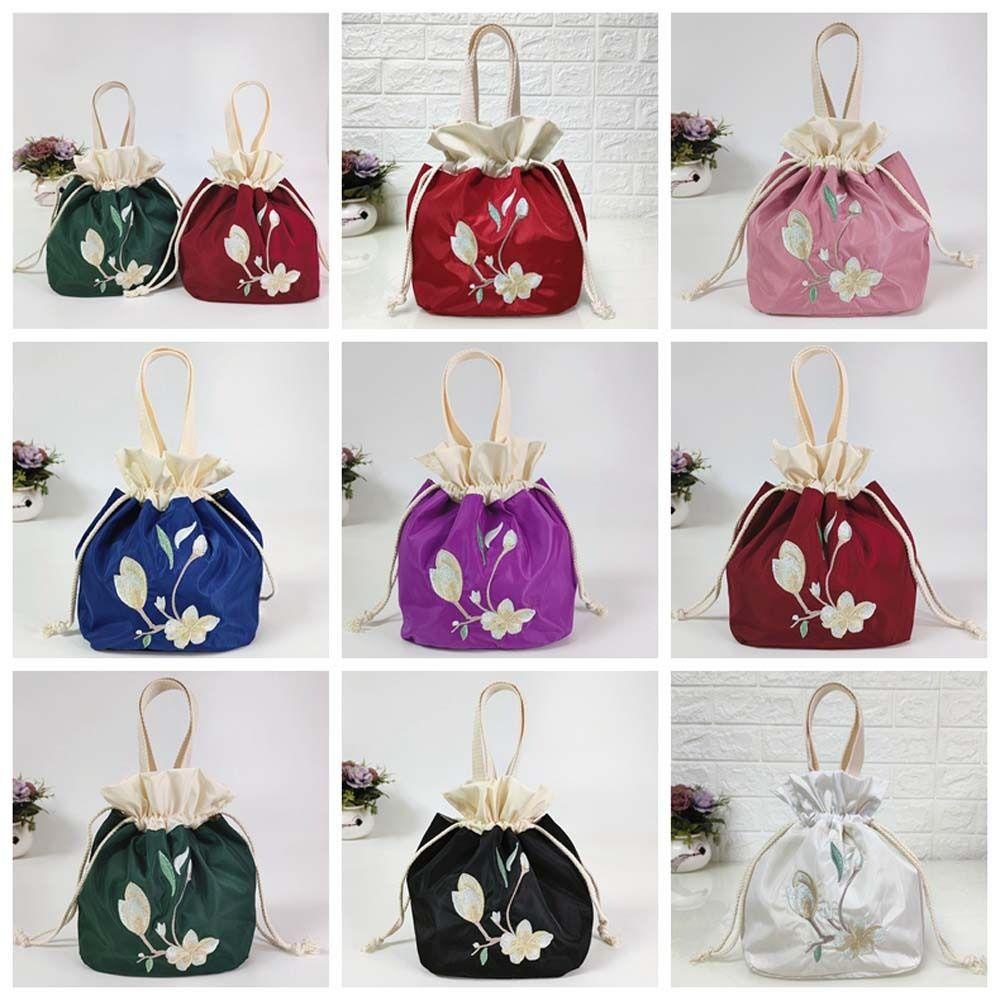 Shanhai Túi Xách Vải Lụa satin Dây Rút Thêu Hoa Phong Cách hanfu Hàn Quốc Thanh Lịch Cho Mẹ Bỉm Sữa