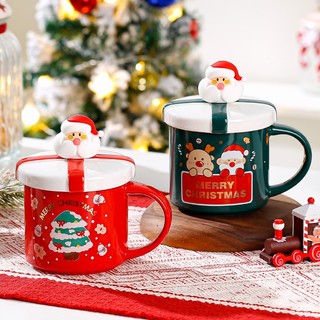 Cốc sứ cao có nắp đậy và muỗng hình ông già noel hoạt hình sáng tạo