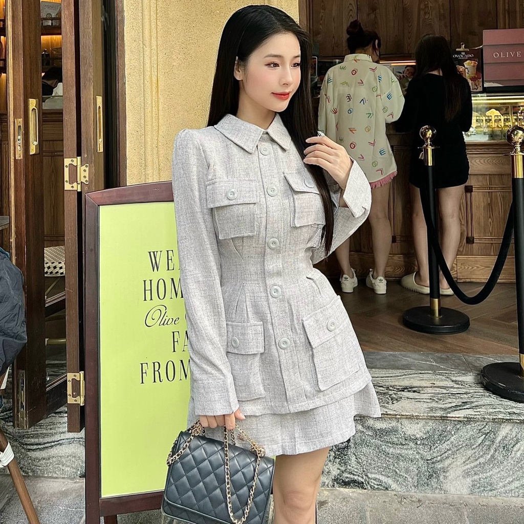 Sét tiểu thư sơ mi tay dài phối túi hộp sang chảnh kèm chân váy