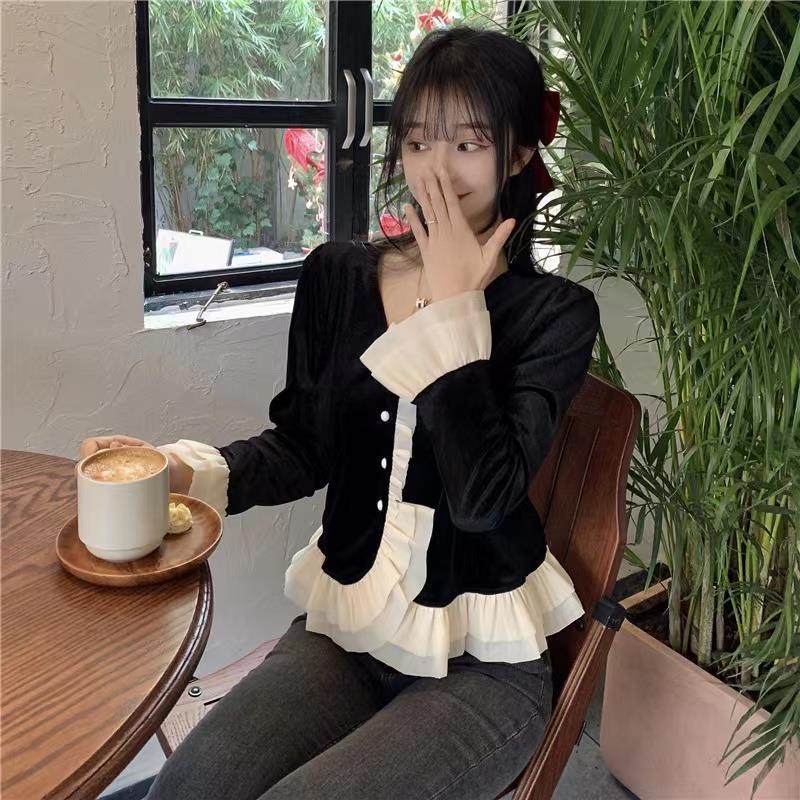 Áo Sơ Mi Nhung Phối Ren Bèo Phong Cách vintage
