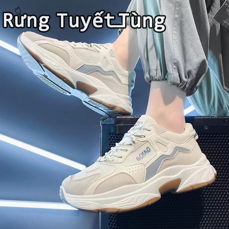 SHANMUSENLIN☘Giày thể thao  phối lưới màu trắng thoáng khí tăng chiều cao 5CM cho nam sinh trung học khi chạy bộGiày nam Thể thao Thư giãn Thời trang