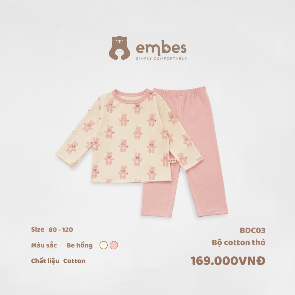 Bộ Embes dài tay cotton cho bé trai bé gái