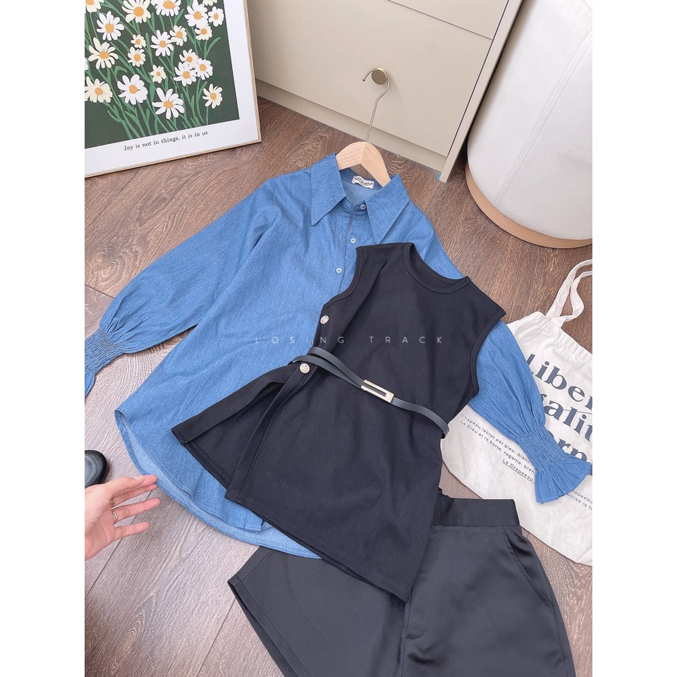 Set sơmi jean xanh kèm gile +quần short đen kèm belt