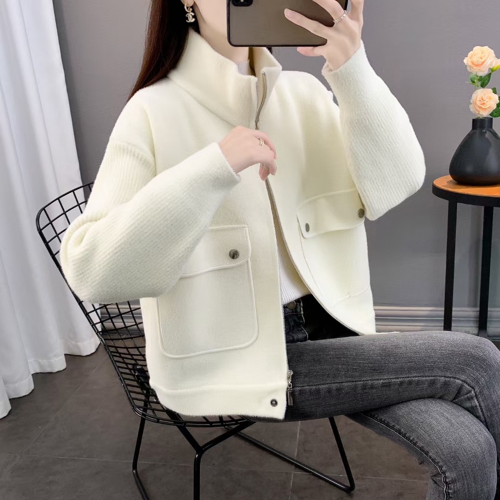 Áo Khoác Len Giả Hai Mặt Có Mũ Trùm Dáng Rộng Họa Tiết Sọc Caro Thời Trang Thu Đông Hàng Mới 2023