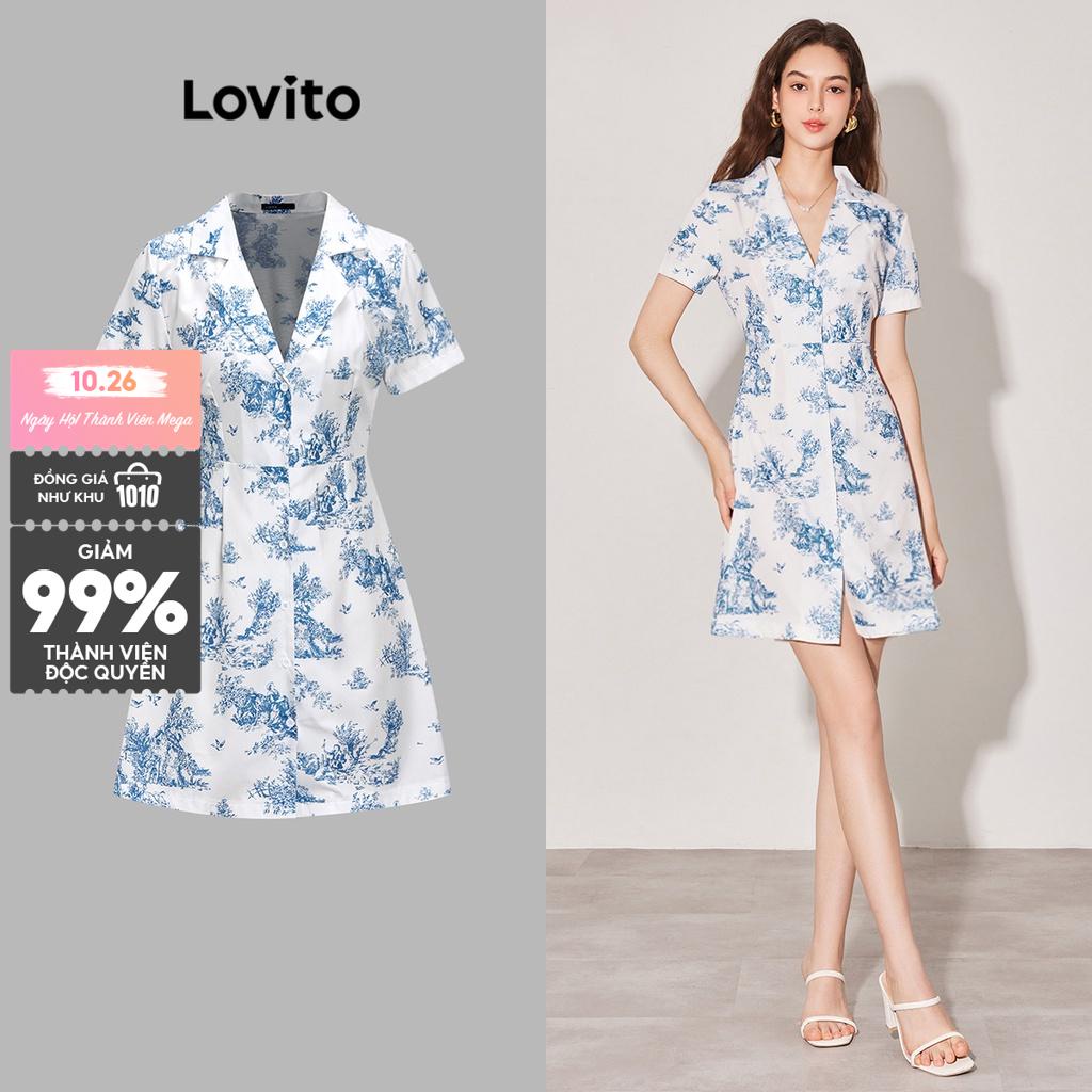 Đầm Lovito phối nút họa tiết hoa thời trang thường ngày cho nữ L59ED116 (Xanh dương và Trắng)