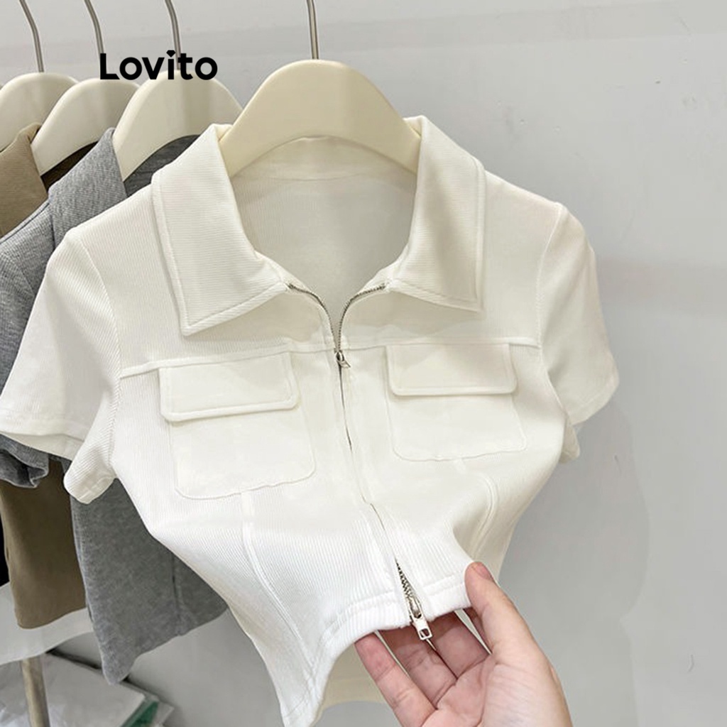 Áo dệt kim Lovito dáng ngắn tay ngắn có cổ phối túi màu trơn thường ngày cho nữ LNA14062 (Trắng)