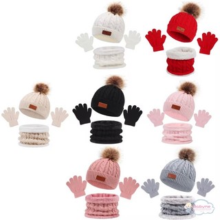 Set 3 Món Nón Khăn Choàng Găng Tay Và Găng Tay Trang Trí Bóng Lông Chống Gió Ấm Áp Mùa Đông Cho Bé