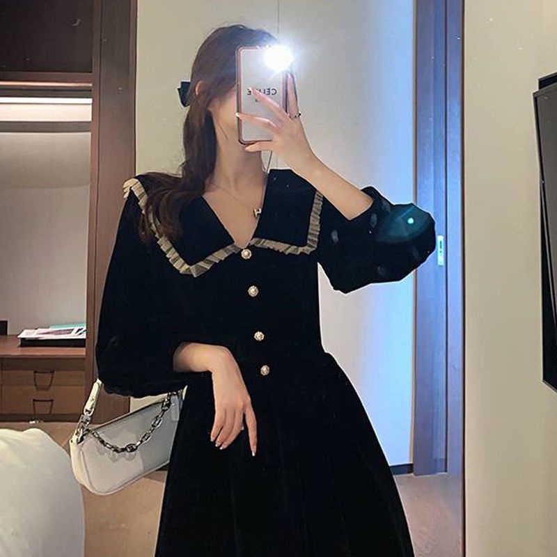 Váy Dài Liền Chất Nhung Màu Đen Lịch Lãm Thu Đông - Đầm Mặc Đi Chơi Đi Làm Công Sở Dài Tay V28