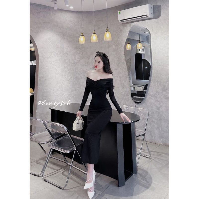 Body ren trễ vai xoắn ngực dáng dài neww