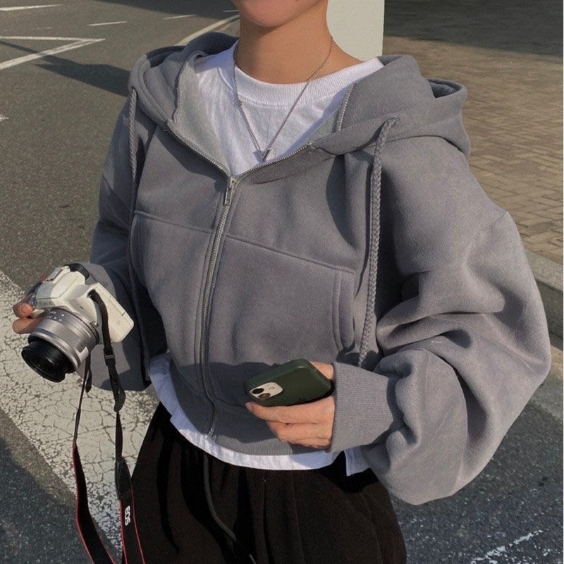 Áo Khoác Mùa Đông 2023 Dáng Suông Có Khóa Kéo Có Mũ Trùm Đầu Màu Trơn Thời Trang Hàn Quốc Cho Nữ