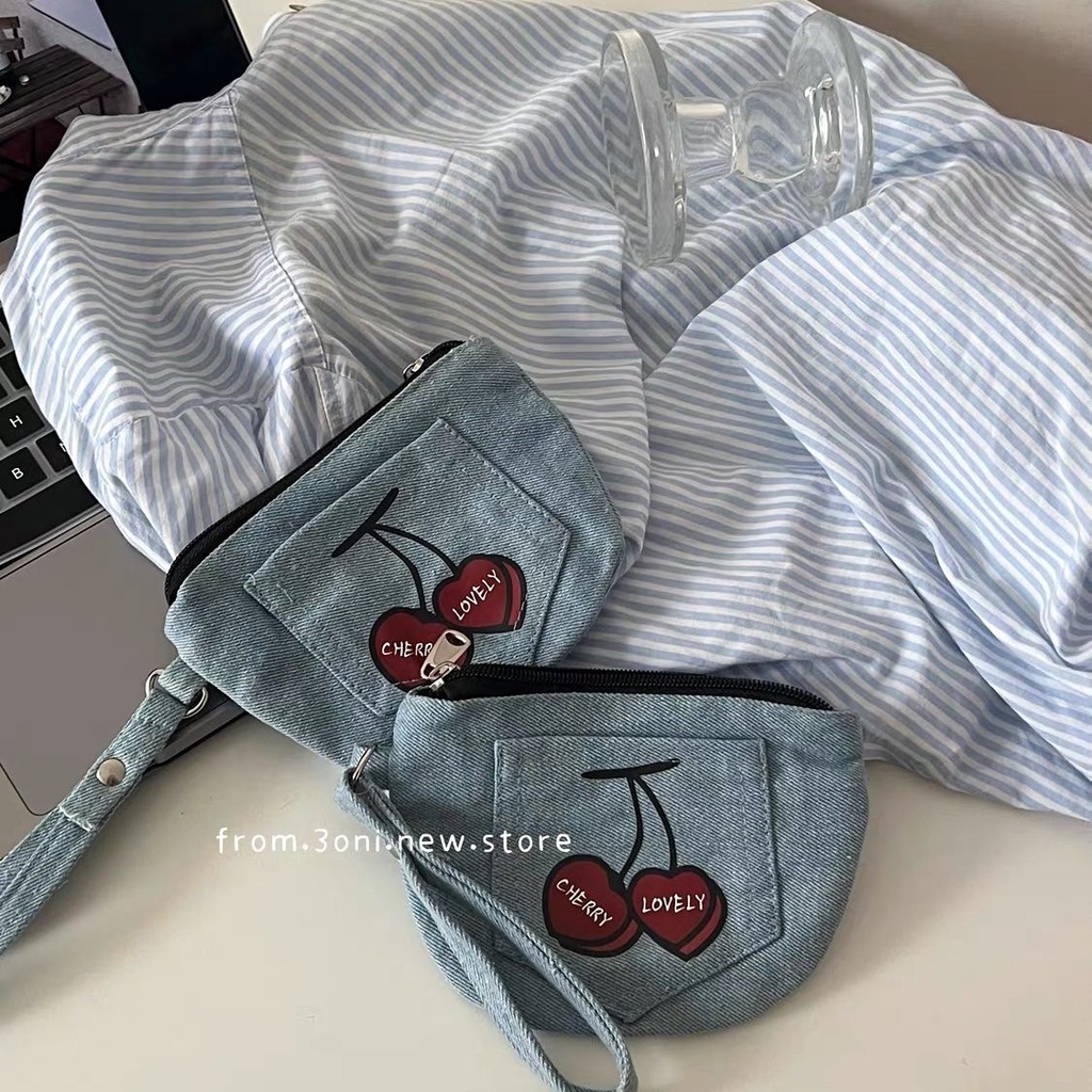 Ví Vải denim Đựng Tiền Xu Màu Xanh cherry Xinh Xắn