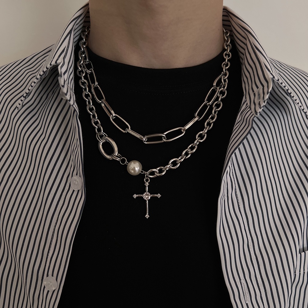 Vòng cổ Chuỗi Ngọc Trai Mặt Thánh Giá Phong Cách Hiphop Thời Trang Cho Nam Và Nữ