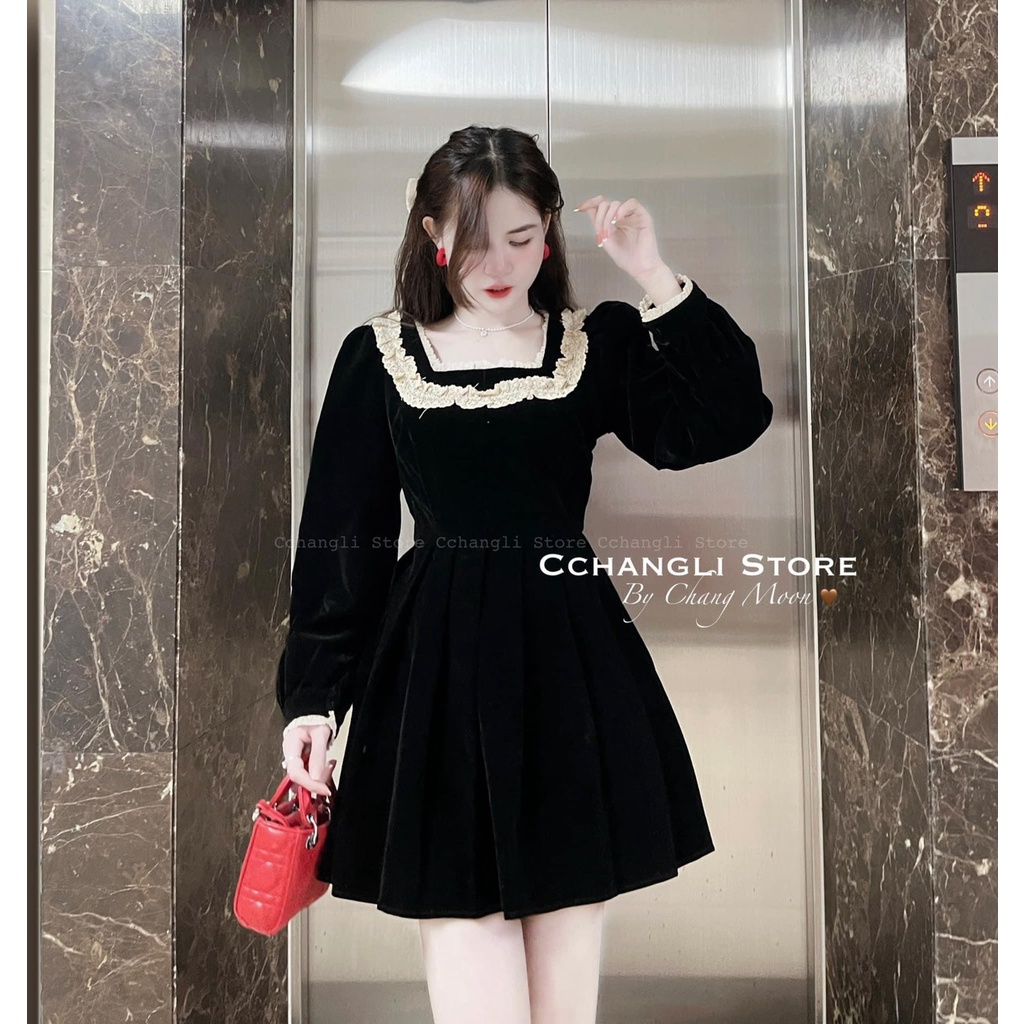 ĐẦM NHUNG ĐEN CỔ VUÔNG VIỀN BÈO TAY DÀI