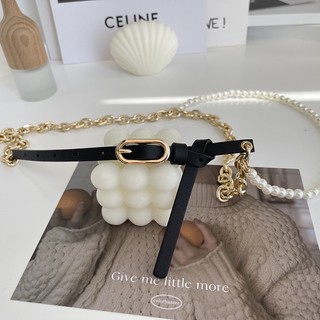 Thắt lưng da khóa cài phối dây xích chuỗi ngọc, dây lưng xích da PU cá tính