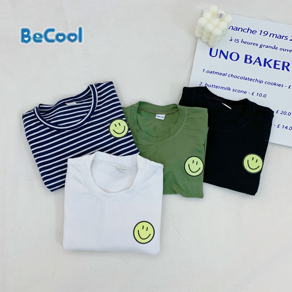 Áo Giữ Nhiệt Cho Bé Hình Măt Cười Chất Cotton Thun Trơn Cao Cấp BeCool, Áo Thu Đông Dài Tay Cho Bé Từ 10-26kg