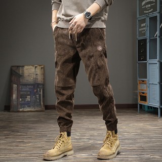 Quần nhung tăm dáng rộng lưng thun co giãn phong cách retro Mỹ thời trang mùa đông cho nam có size lớn

