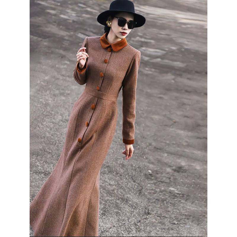 Áo Cổ Búp Bê Chắp Vá Màu Sắc Tương Phản Cao Cấp Phong Cách retro Mùa Thu Đông Mới