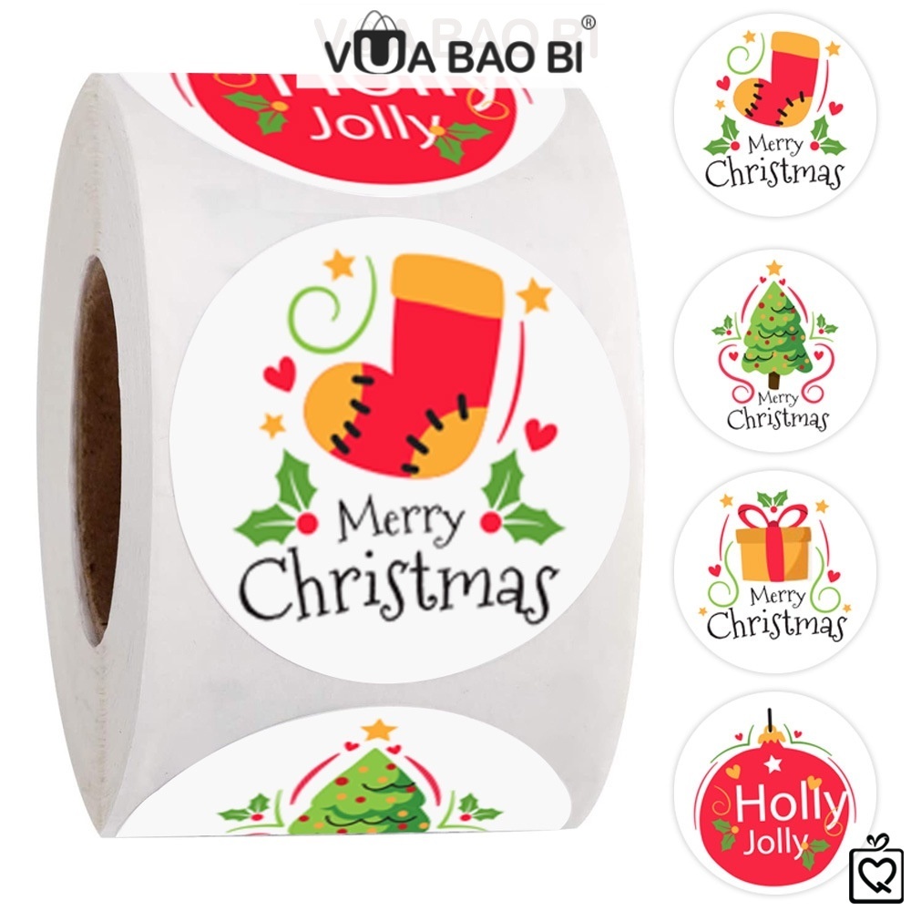 Cuộn 500 Sticker tròn Giáng sinh niêm phong dán hộp túi đóng hàng TE13 - Vua Bao Bì, decal nhãn dán bao bì