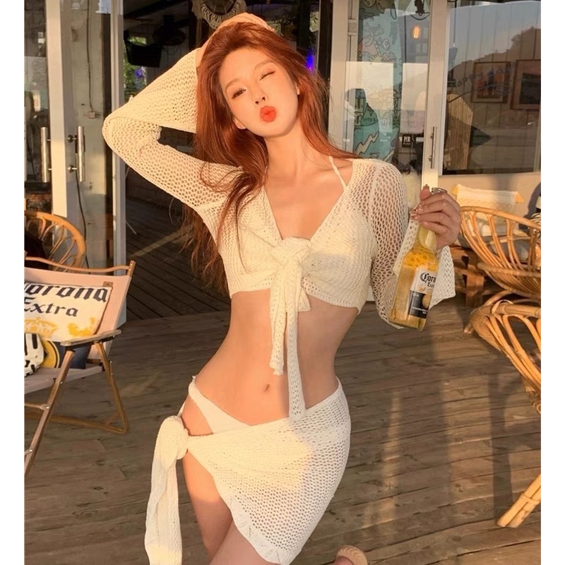 Bộ Đồ Bơi bikini Bốn Mảnh Tay Dài Xẻ Tà Kiểu Hàn Quốc Gợi Cảm Cho Nữ | BigBuy360 - bigbuy360.vn