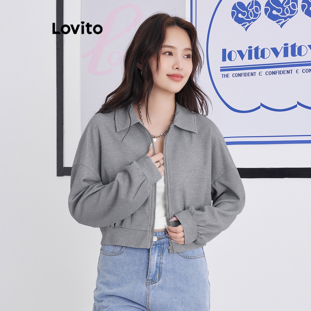 Áo sweatshirt Lovito màu trơn phối khóa kéo phong cách thường ngày cho nữ L58AD050 (Xám)