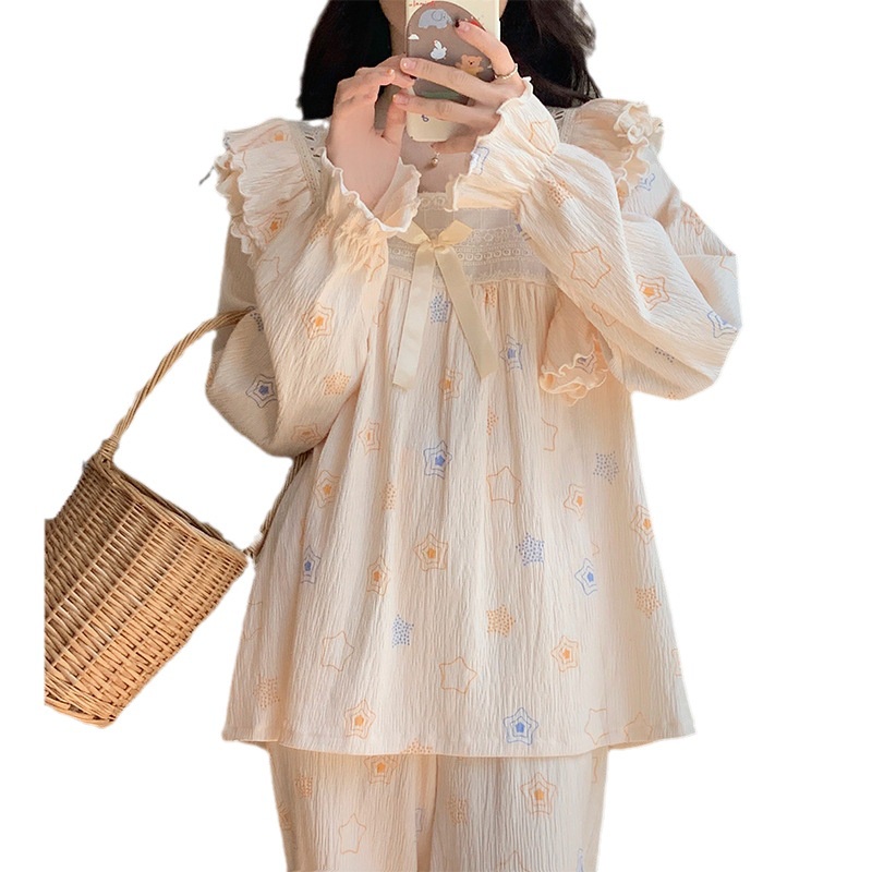 Chu man jia Bộ Đồ Ngủ cotton Tay Dài Phồng Phối Ren Dễ Thương Ngọt Ngào Phong Cách Công Chúa Mặc Ở Nhà Cho Học Sinh Nam Nữ