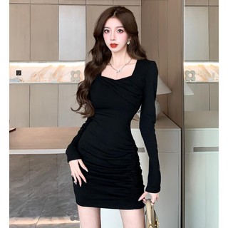 Mới Áo Thun Tay Dài Cổ Vuông Xếp Ly Thời Trang Dành Cho Nữ