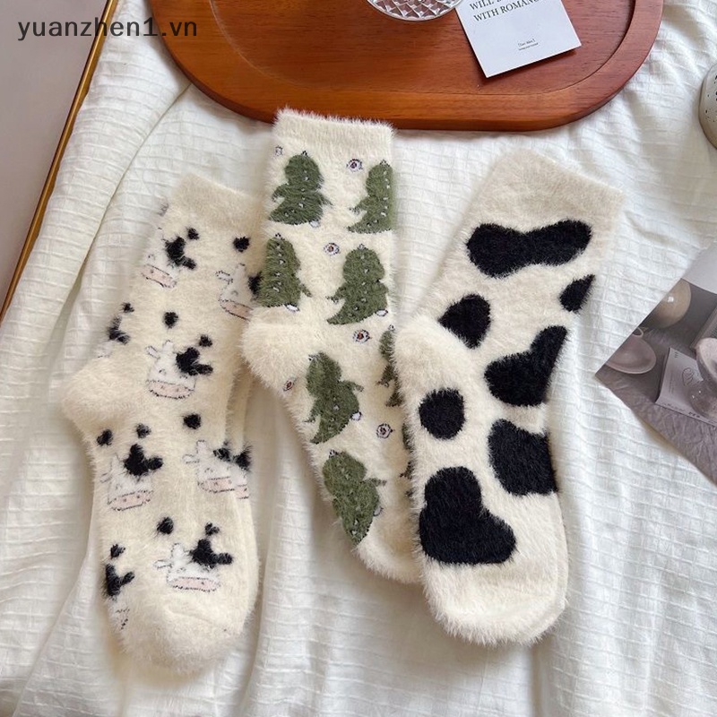 Zhen Vớ Nhung San Hô Giữ Ấm Mùa Đông In Họa Tiết Bò Sữa Vui Nhộn sox vn