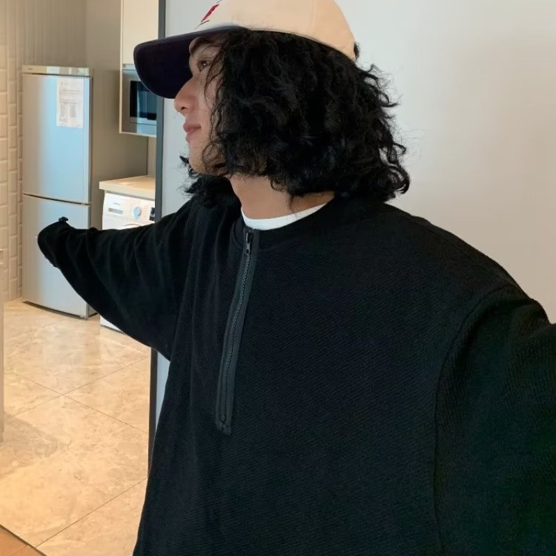 Magee Áo sweater Cổ Tròn Dáng Rộng Cao Cấp Màu Trơn Có Khóa Kéo Nửa Hình Bánh waffle Phong Cách retro Hàn Quốc Thường Ngày Cho Nam