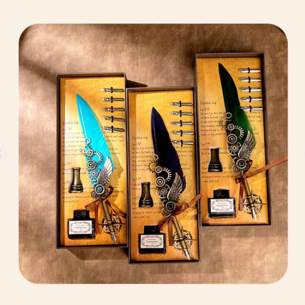 Retro Vintage Calligraphy Feather Dip Pen Writing Ink Set Quill Fountain Pen