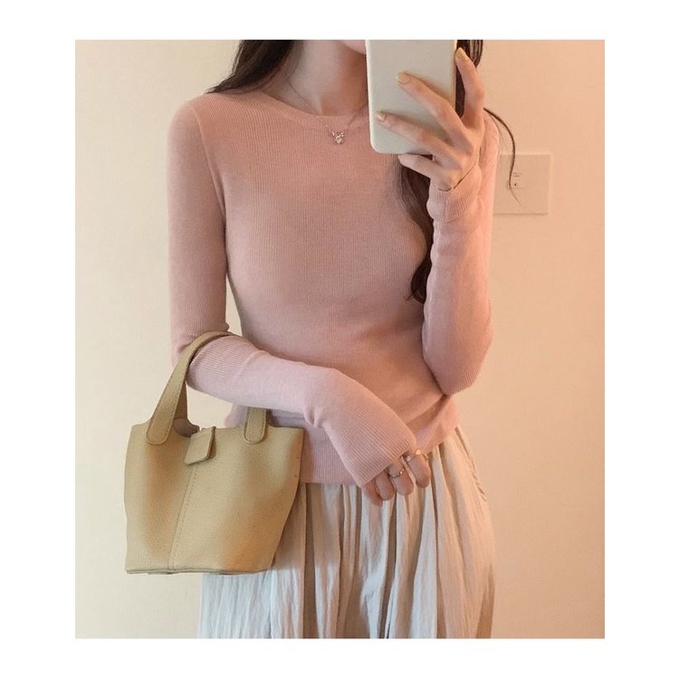 Áo Thun Tay Dài Cổ Tròn Màu Trơn Dáng Ôm Thời Trang Mùa Thu Hàn Quốc 2023