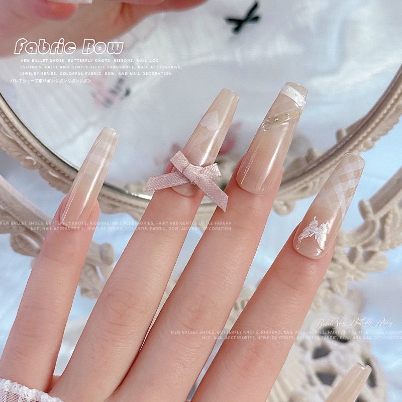 Set 10 Phụ Kiện Trang Trí Móng Tay Nghệ Thuật Vải Ren Đính Nơ Phong Cách Mới Màu Hồng nude Bán Chạy