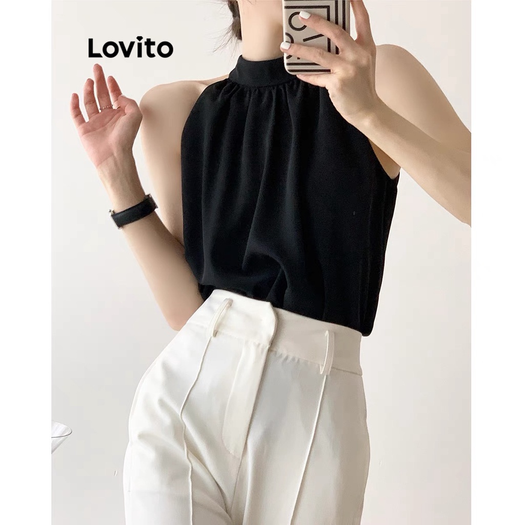 Áo sát nách Lovito diềm xếp nếp màu trơn thanh lịch cho nữ LNE21100 (Màu đen)