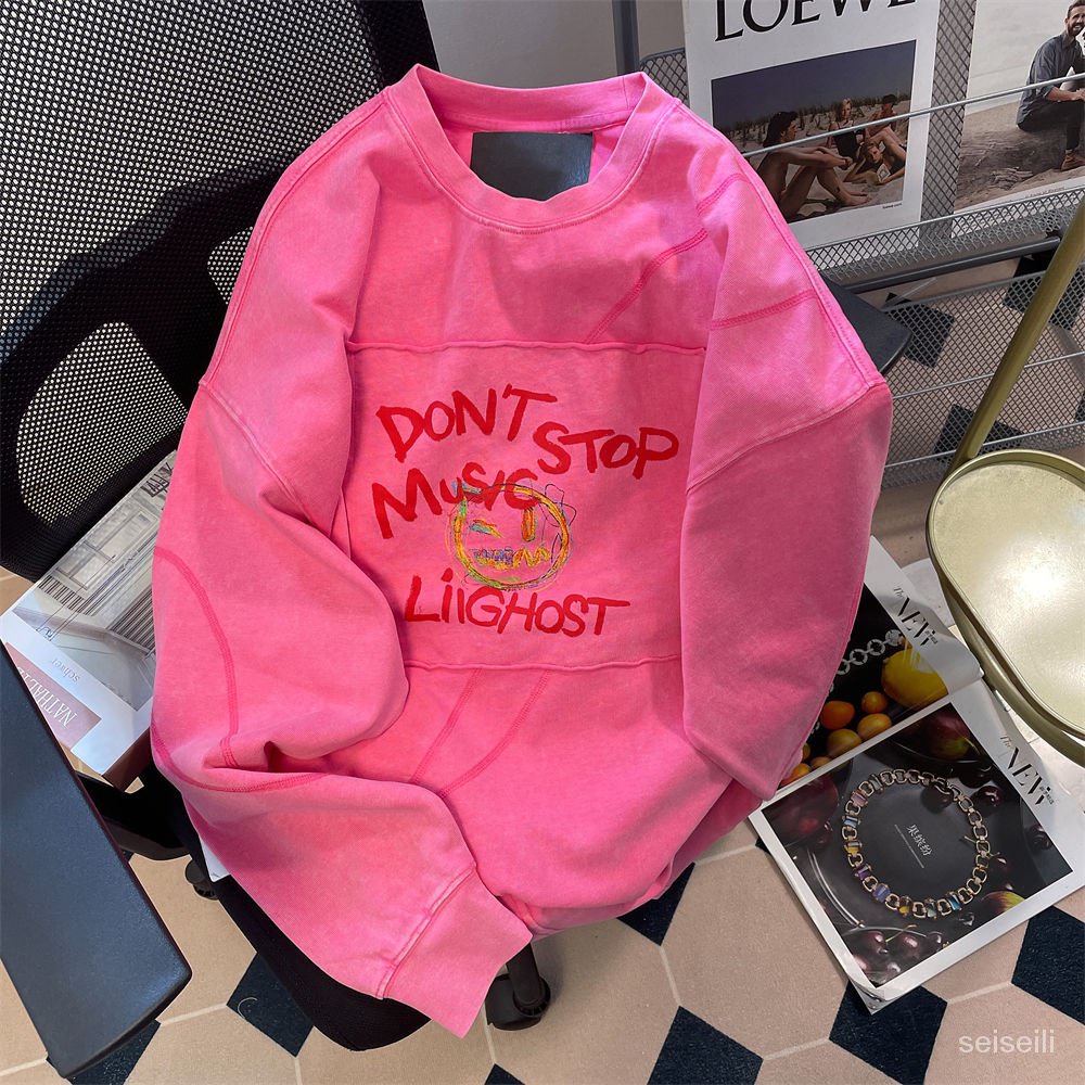 Dragon fruit color European and American Graffiti smiley face letter sweater women's spring and autumn loose national tide oversize off-shoulder top