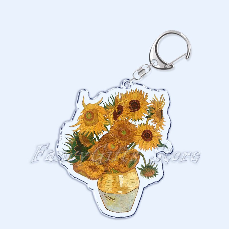Móc khoá Vincent Van Gogh Art Oil Painting The Starry Night Sunflower in 2 mặt rõ nét Acrylic Phụ kiện trang trí